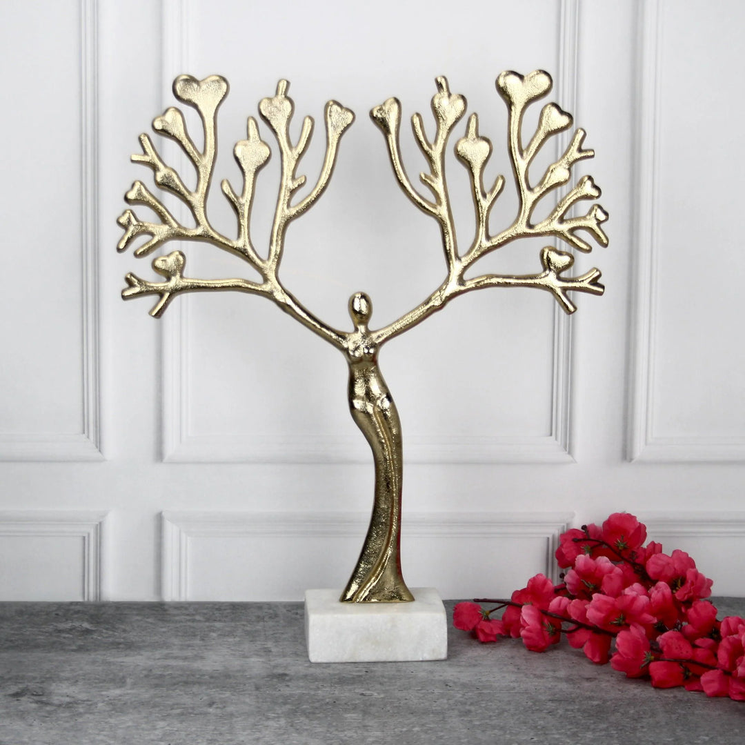 Gold Tree Sculpture with White Marble Base