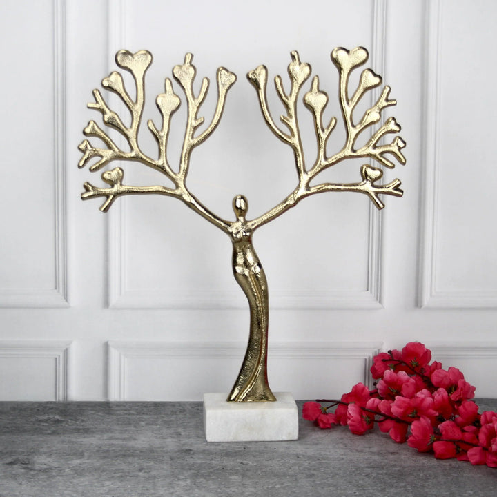 Gold Tree Sculpture with White Marble Base