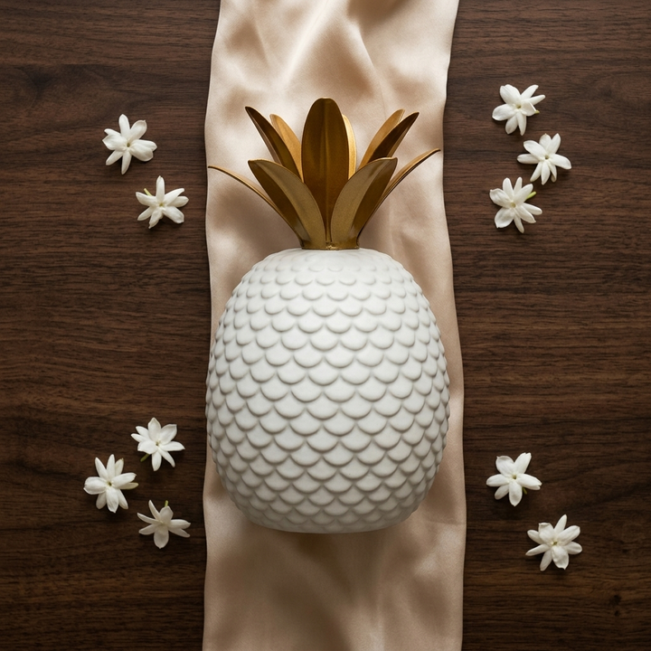 Handcrafted White &amp; Gold Pineapple Showpiece for Home Decor
