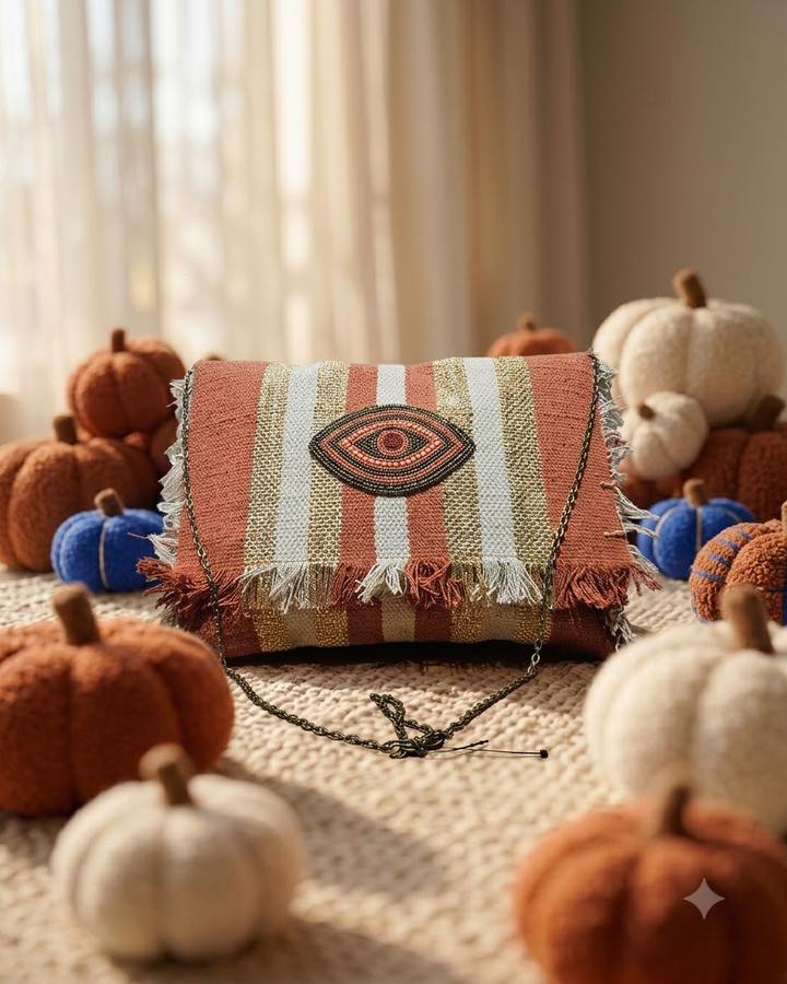 Terracotta &amp; Beige Striped Clutch Bag