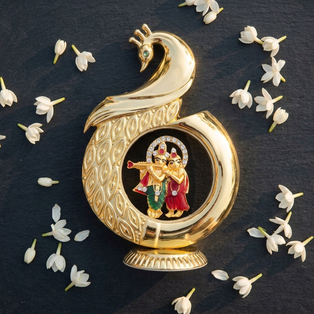 Radha Krishna Peacock Table Decor with premium gold finish