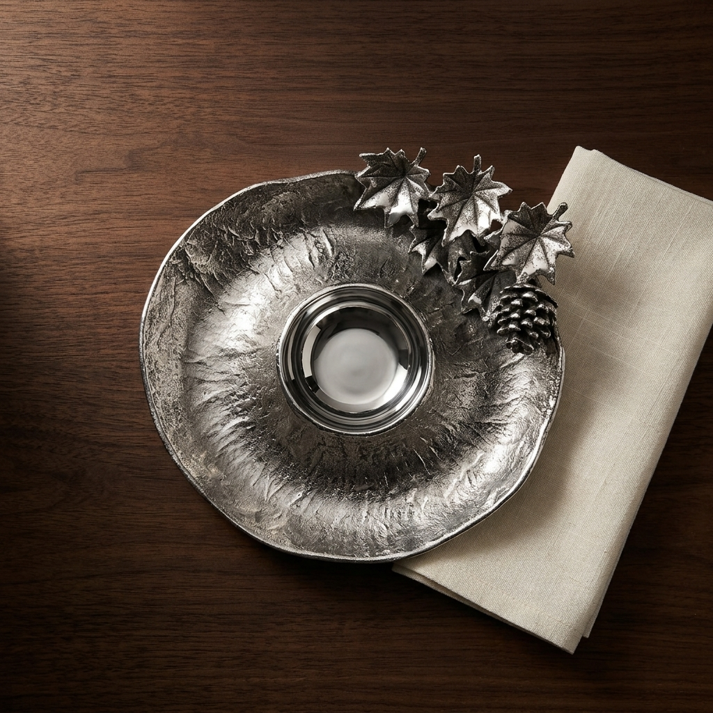 Handcrafted Silver Pinecone Candle Holder &amp; Decorative Tray