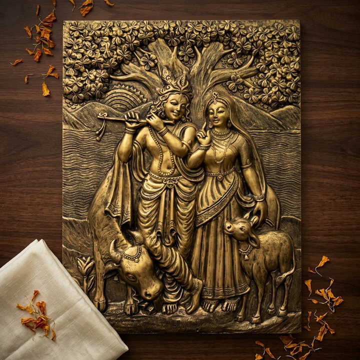 Decorative Premium Radha Krishna Wall Panel displayed in an elegant living space