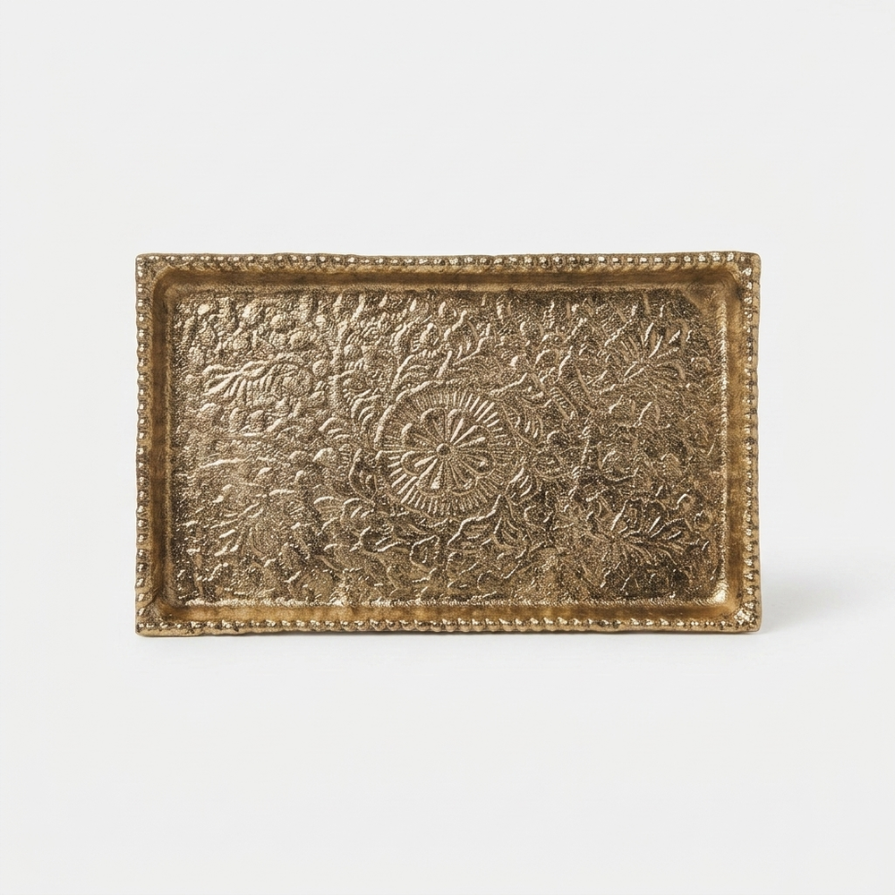 Luxury gold decorative serving tray with intricate floral detailing