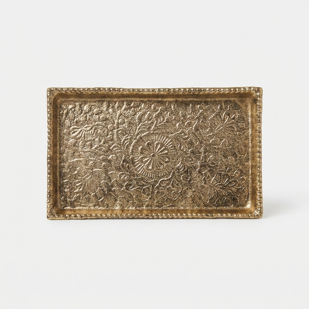 Luxury gold decorative serving tray with intricate floral detailing