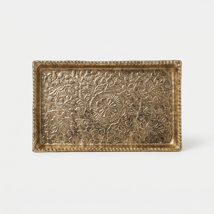 Luxury gold decorative serving tray with intricate floral detailing