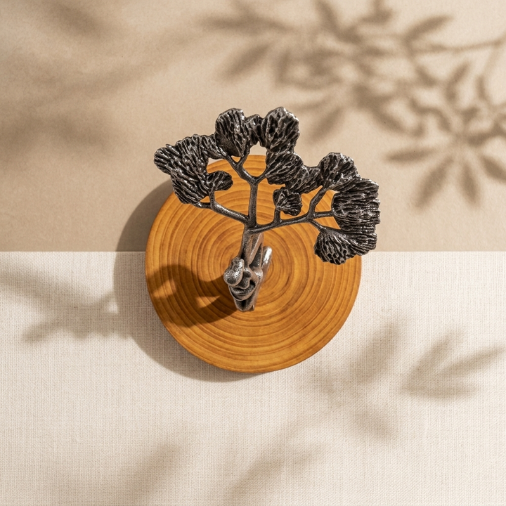 Handcrafted Metal Tree Sculpture with Wooden Base