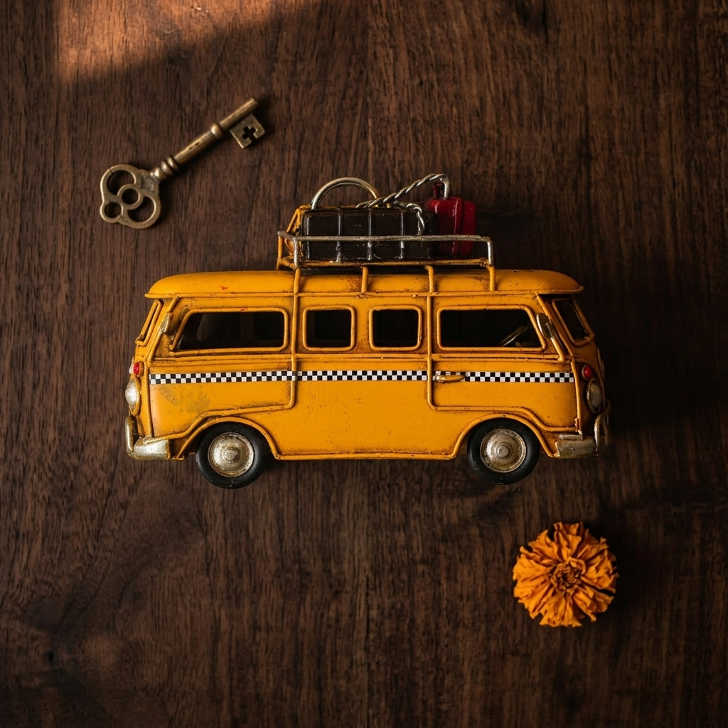 Vintage road trip van collectible with checkered detailing