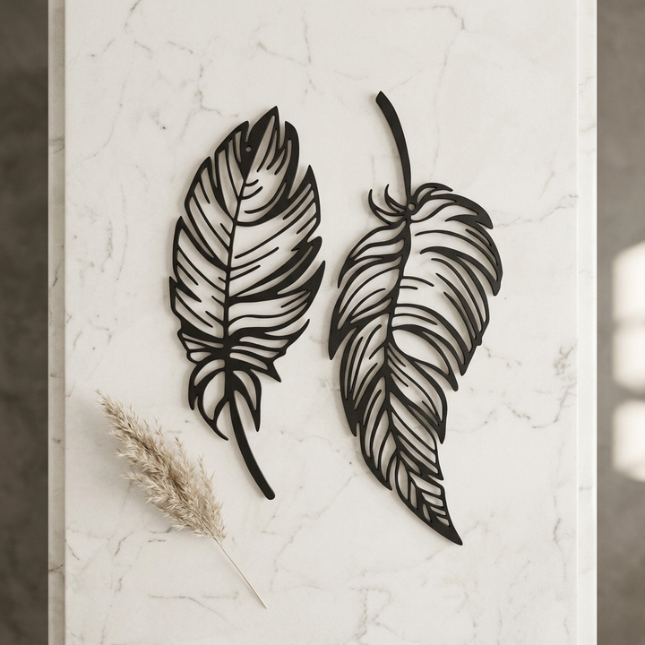 Premium Silver Feather Wall Decor Set of 2 for contemporary interiors