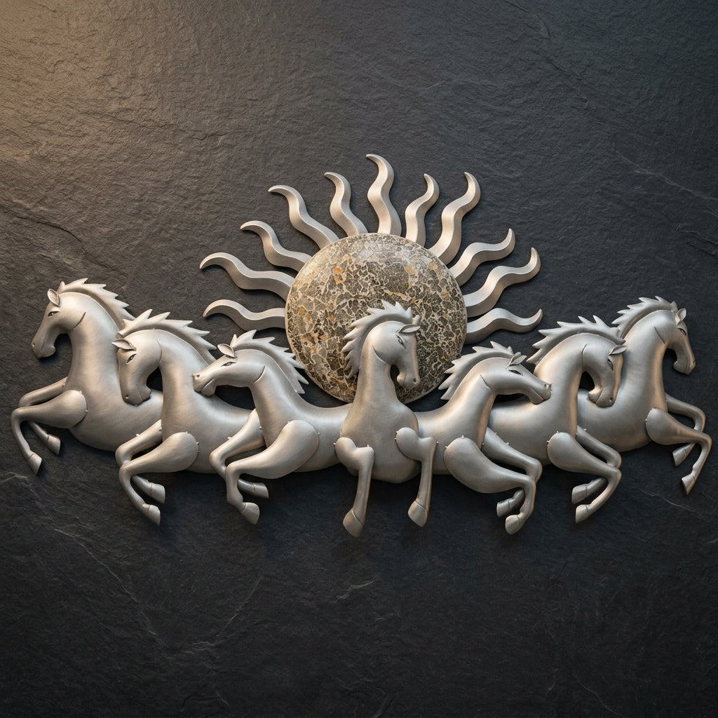 Premium silver Finish Seven Running Horses Wall Decor for living room decoration