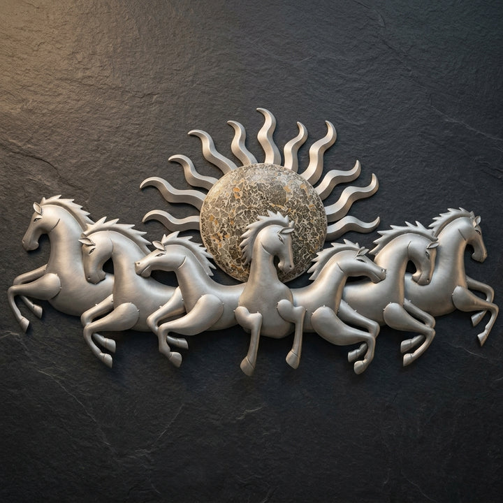 Premium silver Finish Seven Running Horses Wall Decor for living room decoration