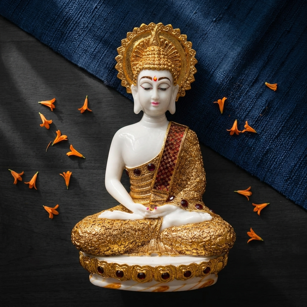 White and gold meditating Buddha statue with ornate detailing