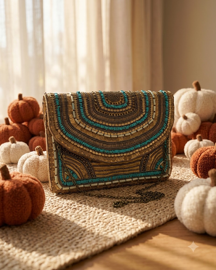 Gold &amp; Turquoise Beaded Clutch Bag with Chain Strap