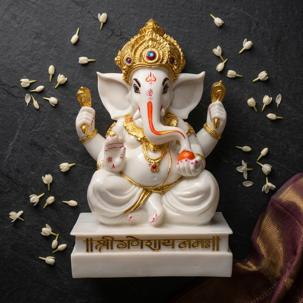Premium White Ganesha Idol with decorative pedestal