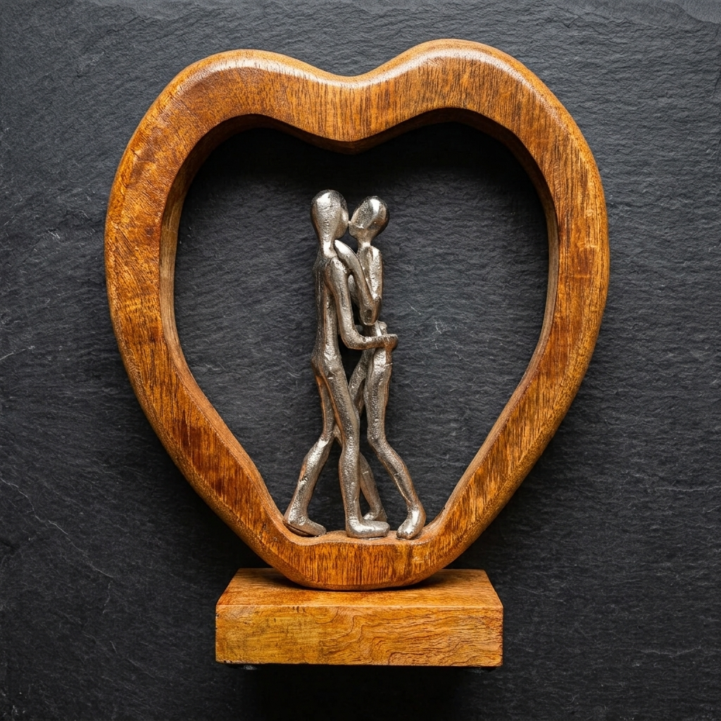 Wooden Heart Couple Sculpture