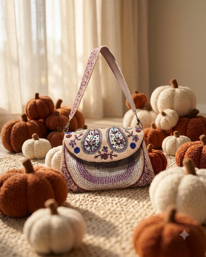 Peach Beaded Floral Shoulder Bag