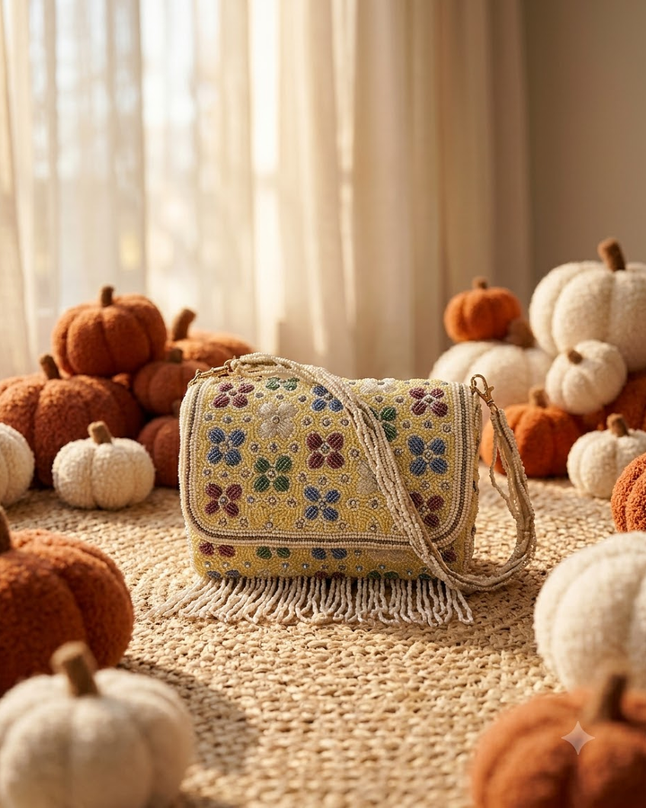Yellow Beaded Floral Sling Bag with Pearl Fringe