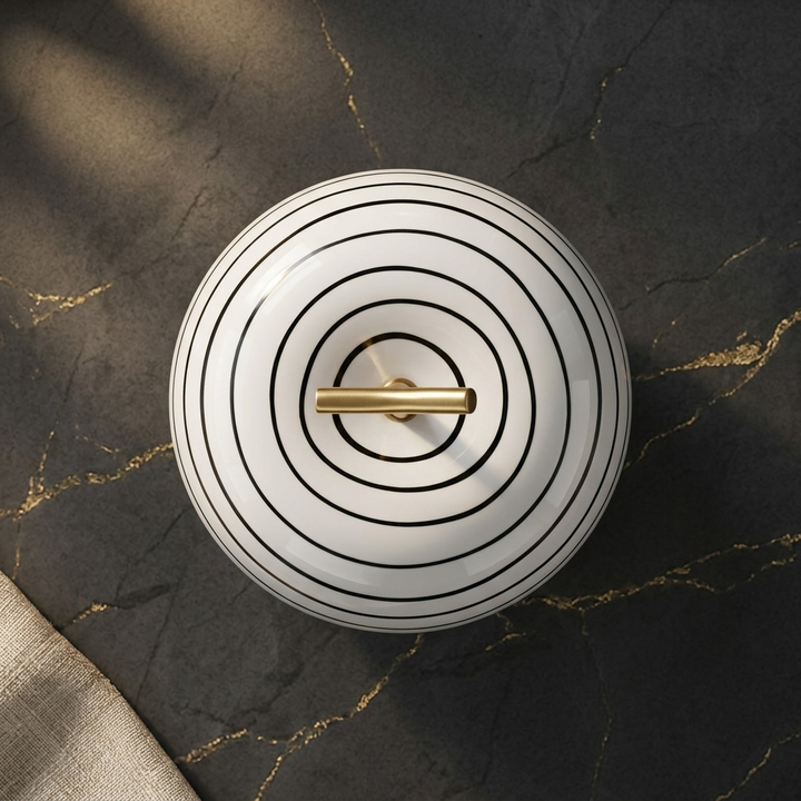 White Ceramic Apple Showpiece with Gold Stem &amp; Black Stripes