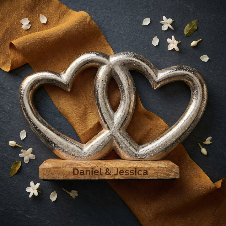Custom Personalized Silver Finish Double Heart Showpiece for wedding gift