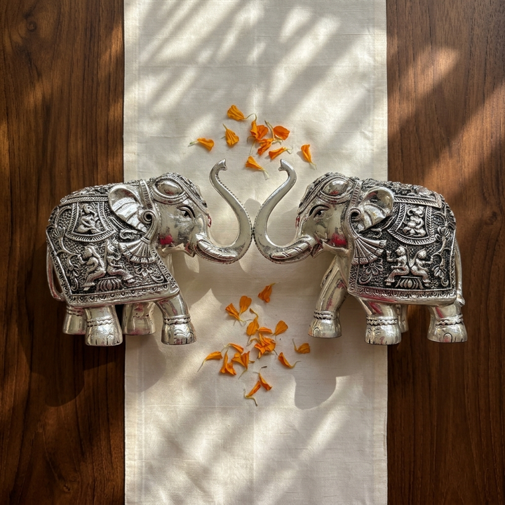 Premium silver elephant pair decorative showpiece with raised trunks