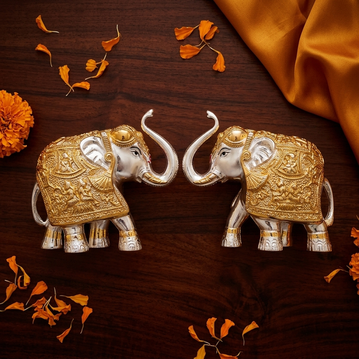 Luxury white gold royal elephant pair decorative showpiece