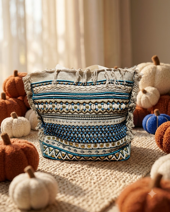 Blue &amp; Beige Embellished Tote Bag