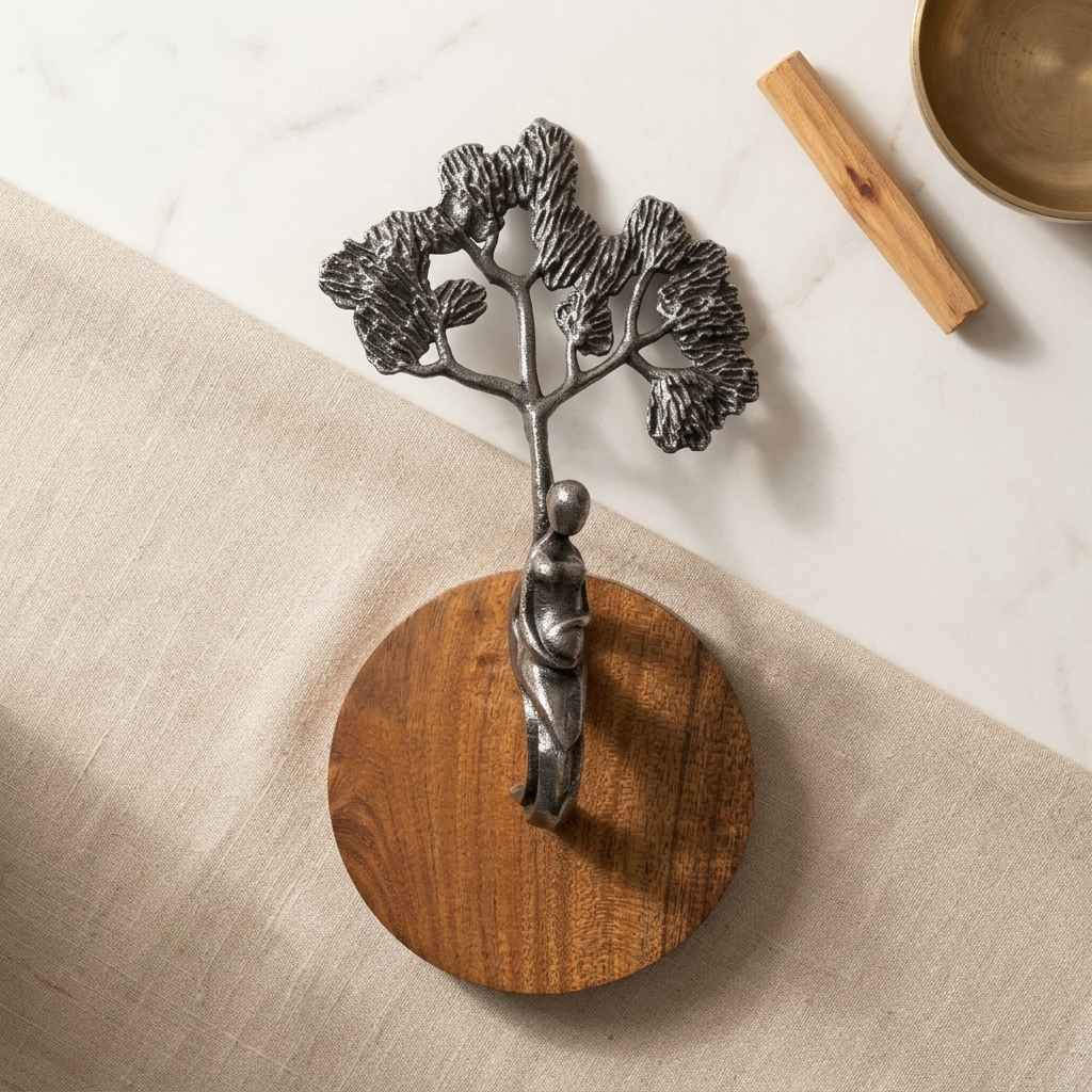 Handcrafted Black Tree Sculpture with Figure on Wooden Base