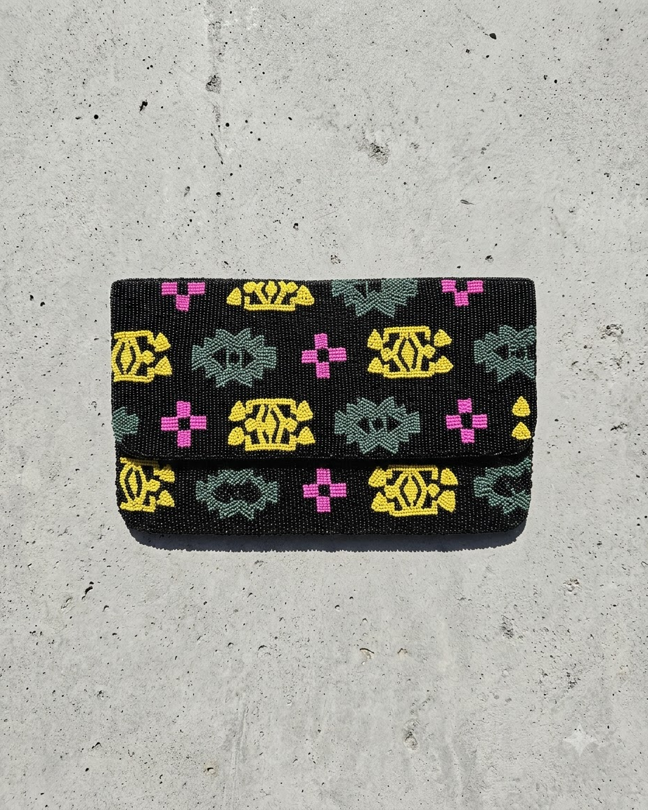 Beaded Clutch Bag with Multicolour Geometric Pattern