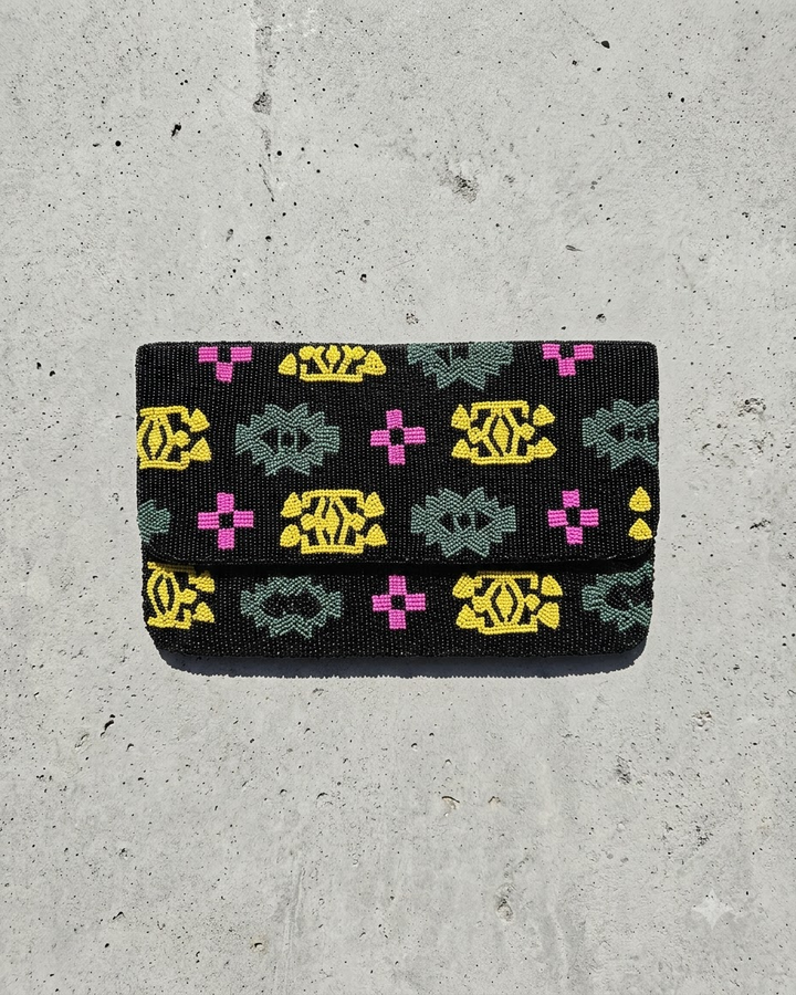 Beaded Clutch Bag with Multicolour Geometric Pattern