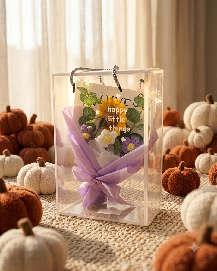 Crochet Flower Bouquet in Clear Gift Box