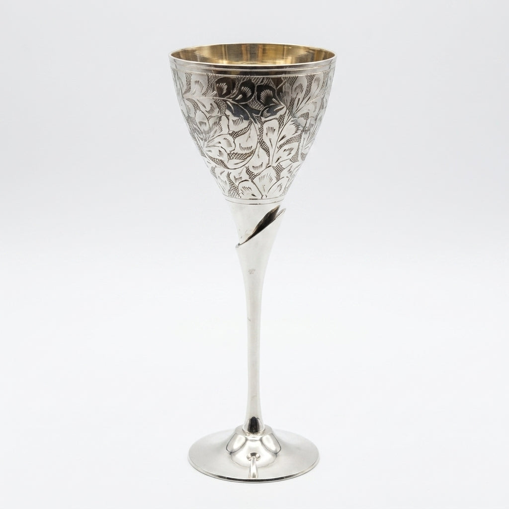 Engraved silver finish goblet with intricate floral design