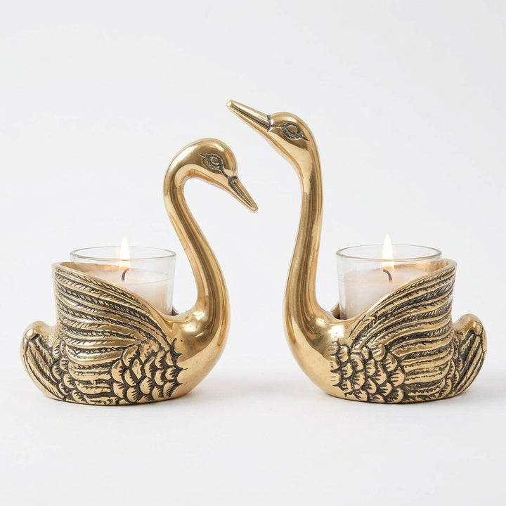 Swan tea light candle holder set with elegant antique gold finish