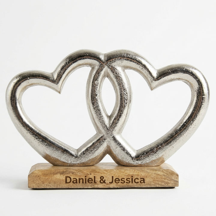 Elegant Personalized Silver Finish Double Heart showpiece décor with name engraving