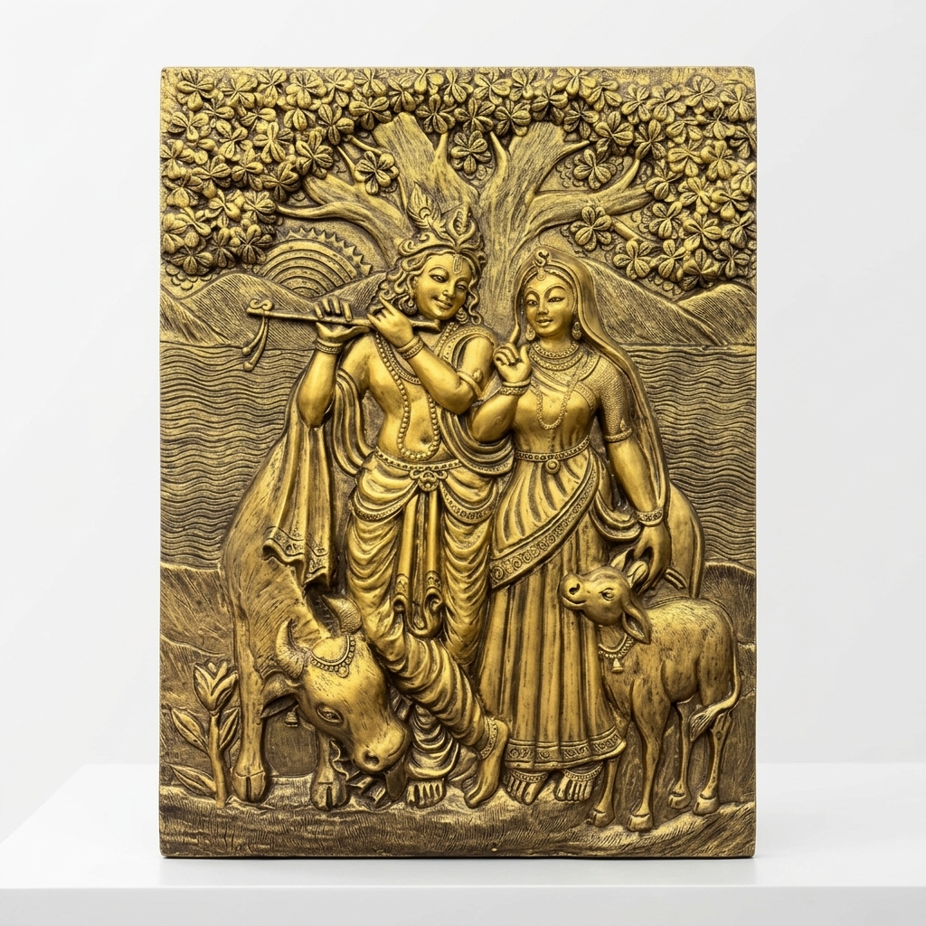 Premium Radha Krishna wall panel with intricate gold relief detailing