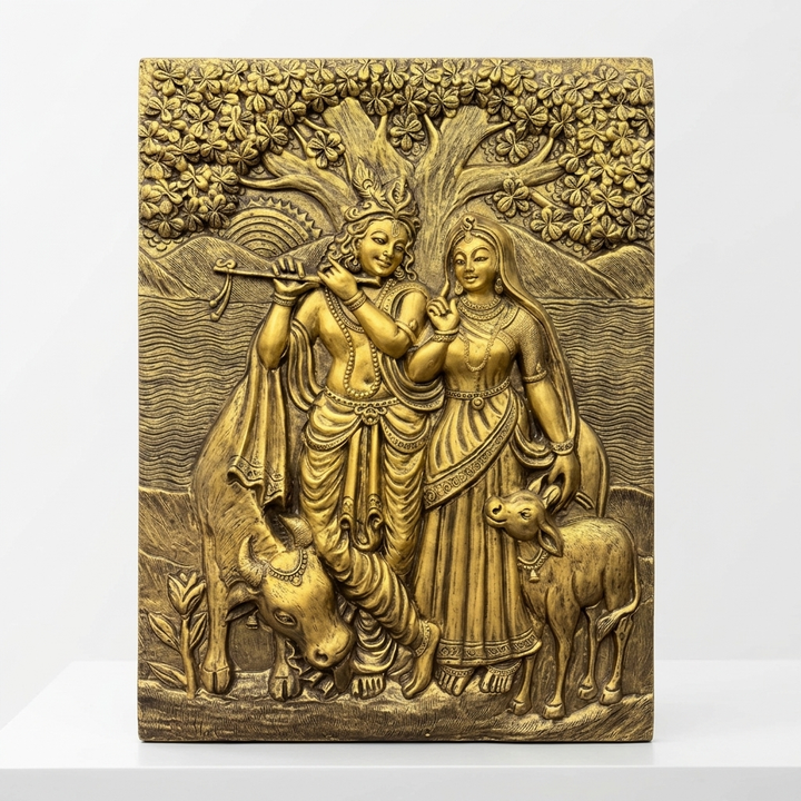 Premium Radha Krishna wall panel with intricate gold relief detailing