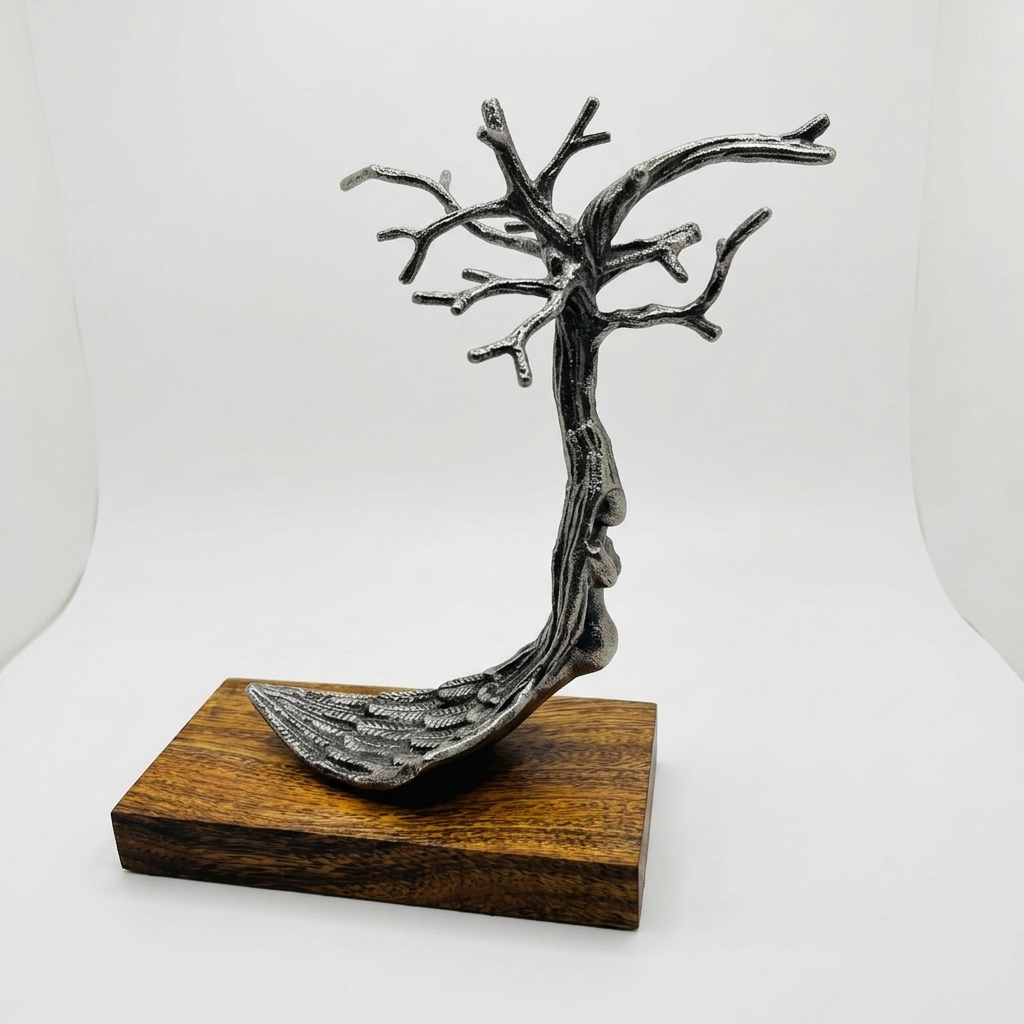 Handcrafted Black Tree Sculpture with Wooden Base