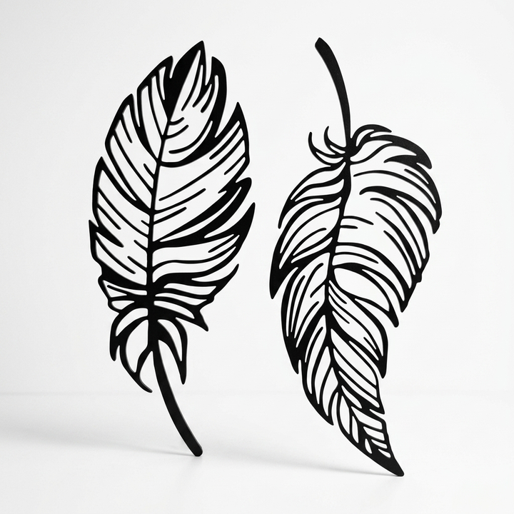 Silver feather wall decor set of 2 displayed on modern interior wall