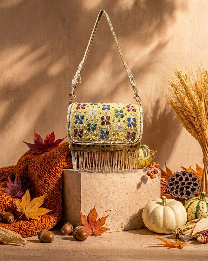 Yellow Beaded Floral Sling Bag with Pearl Fringe
