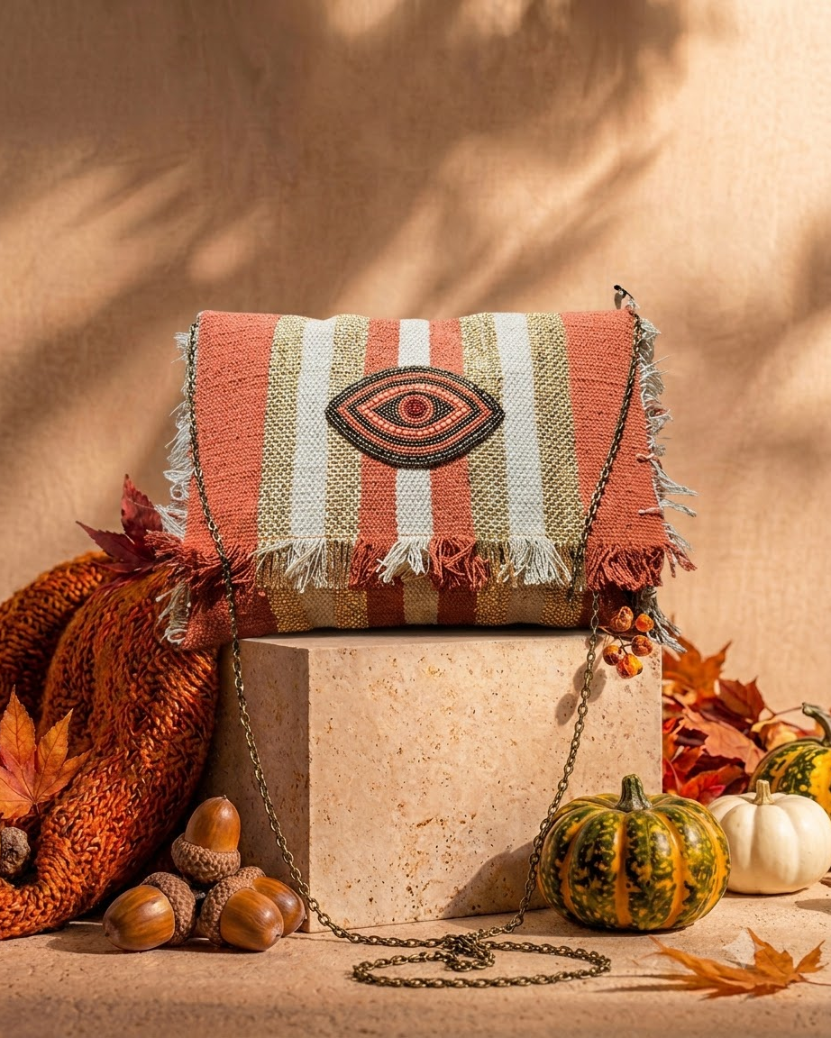 Terracotta &amp; Beige Striped Clutch Bag
