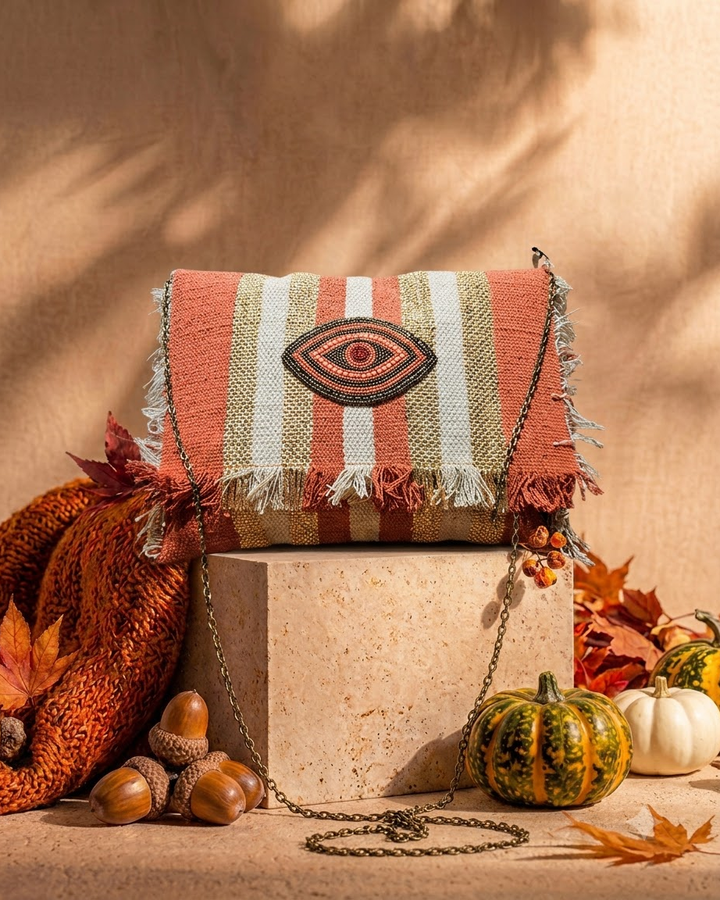 Terracotta &amp; Beige Striped Clutch Bag