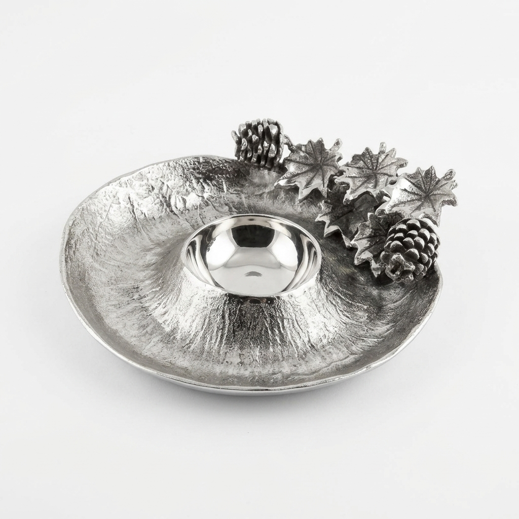 Handcrafted Silver Pinecone Candle Holder &amp; Decorative Tray