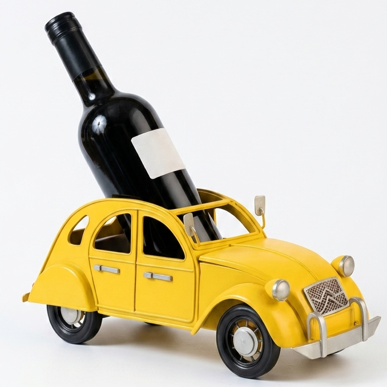 Elegant handcrafted wine rack shaped like a classic vintage car
