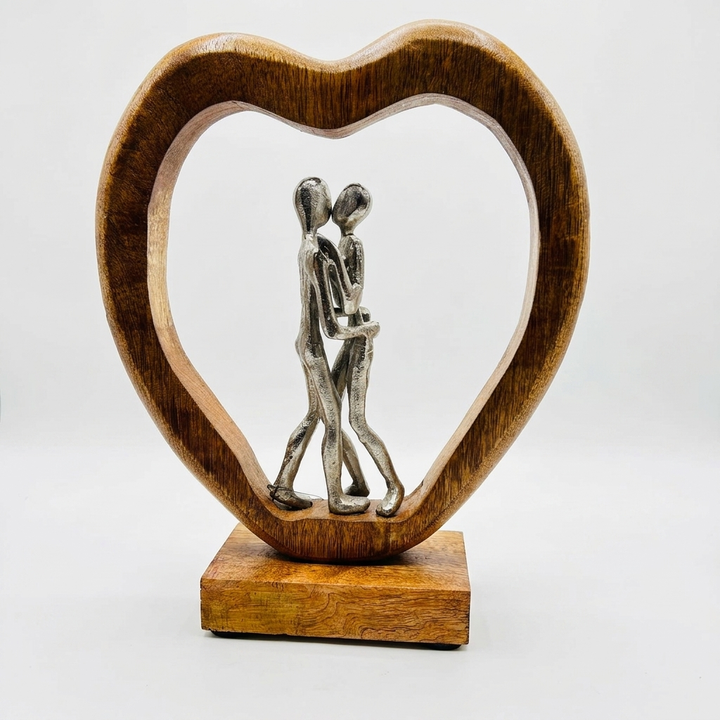 Wooden Heart Couple Sculpture
