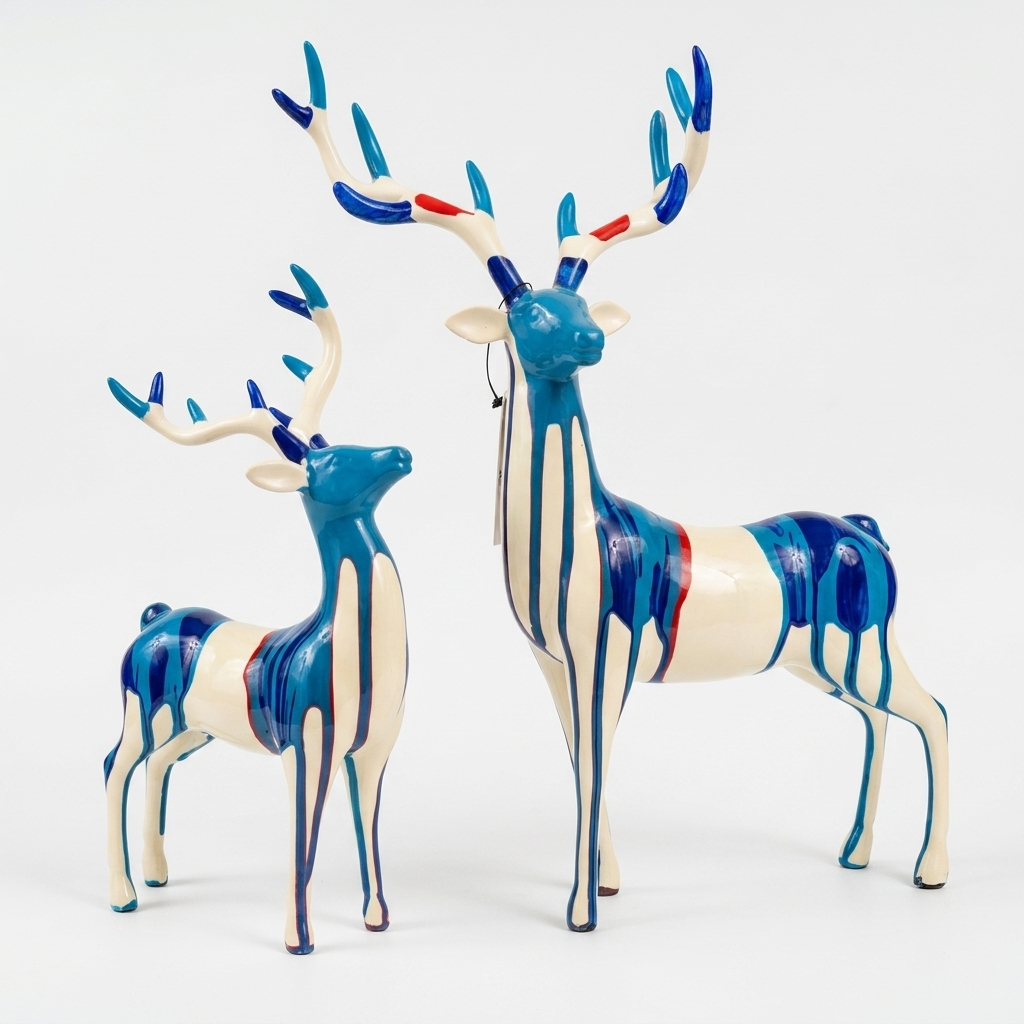 Blue deer showpiece pair with artistic drip design for home decor
