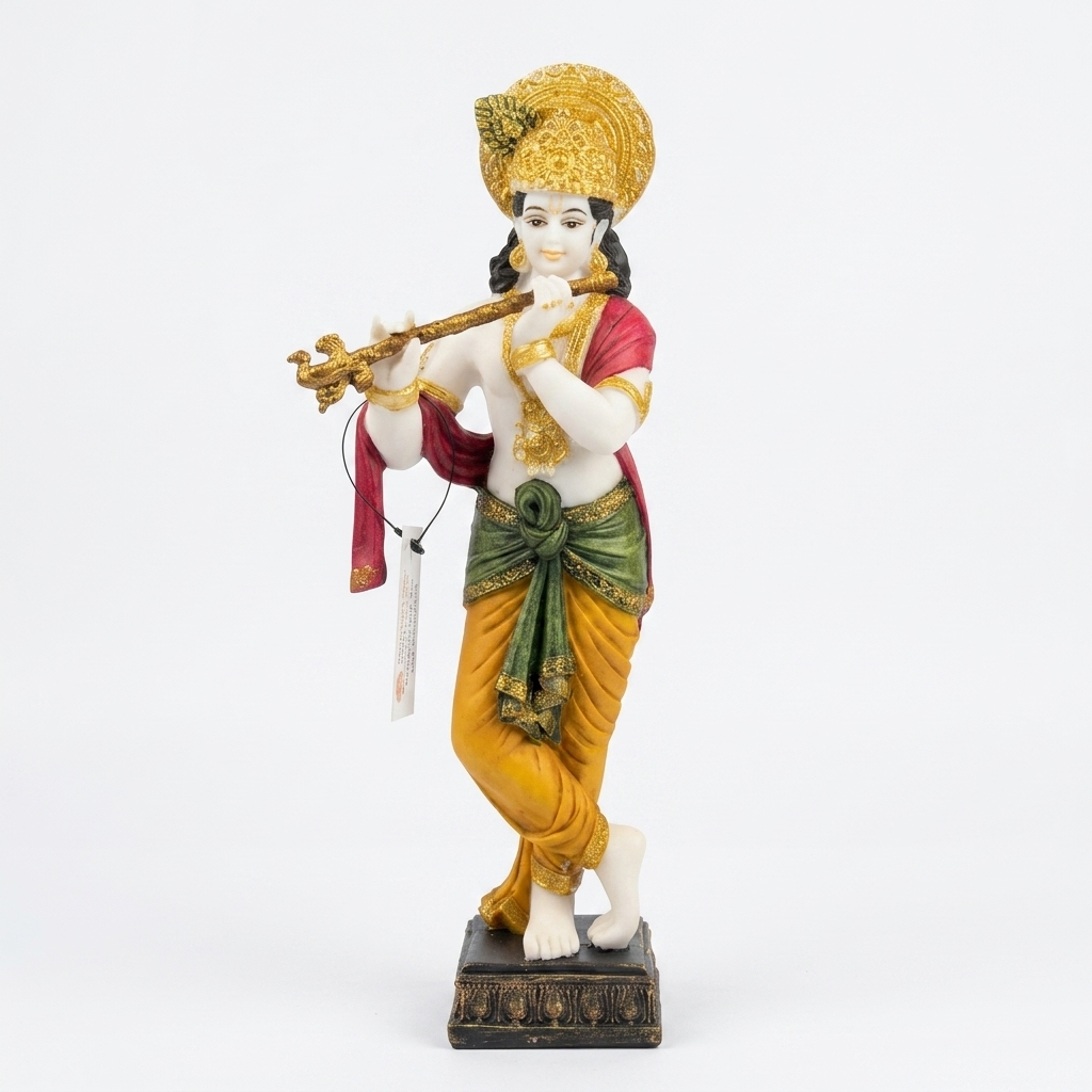 Krishna flute idol for home decor with ornate crown and pedestal