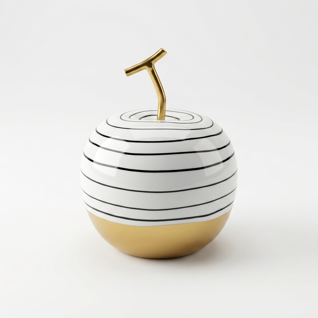 White Ceramic Apple Showpiece with Gold Stem &amp; Black Stripes