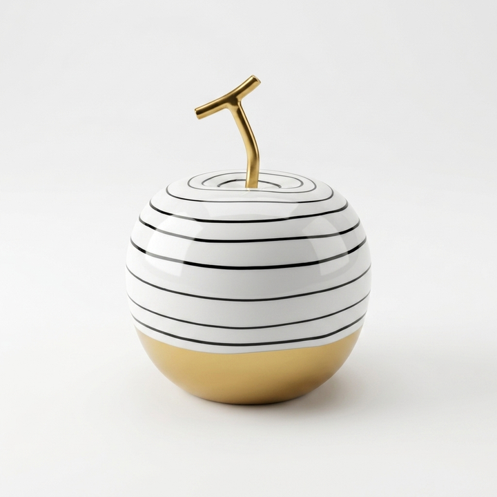 White Ceramic Apple Showpiece with Gold Stem &amp; Black Stripes