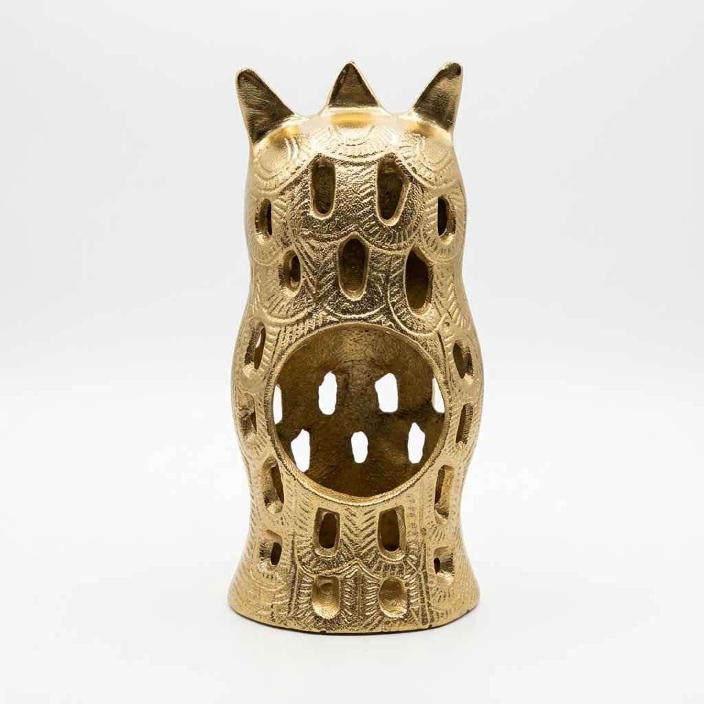 Golden owl candle holder with intricate cutwork for home decor