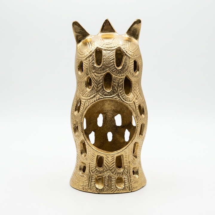 Golden owl candle holder with intricate cutwork for home decor
