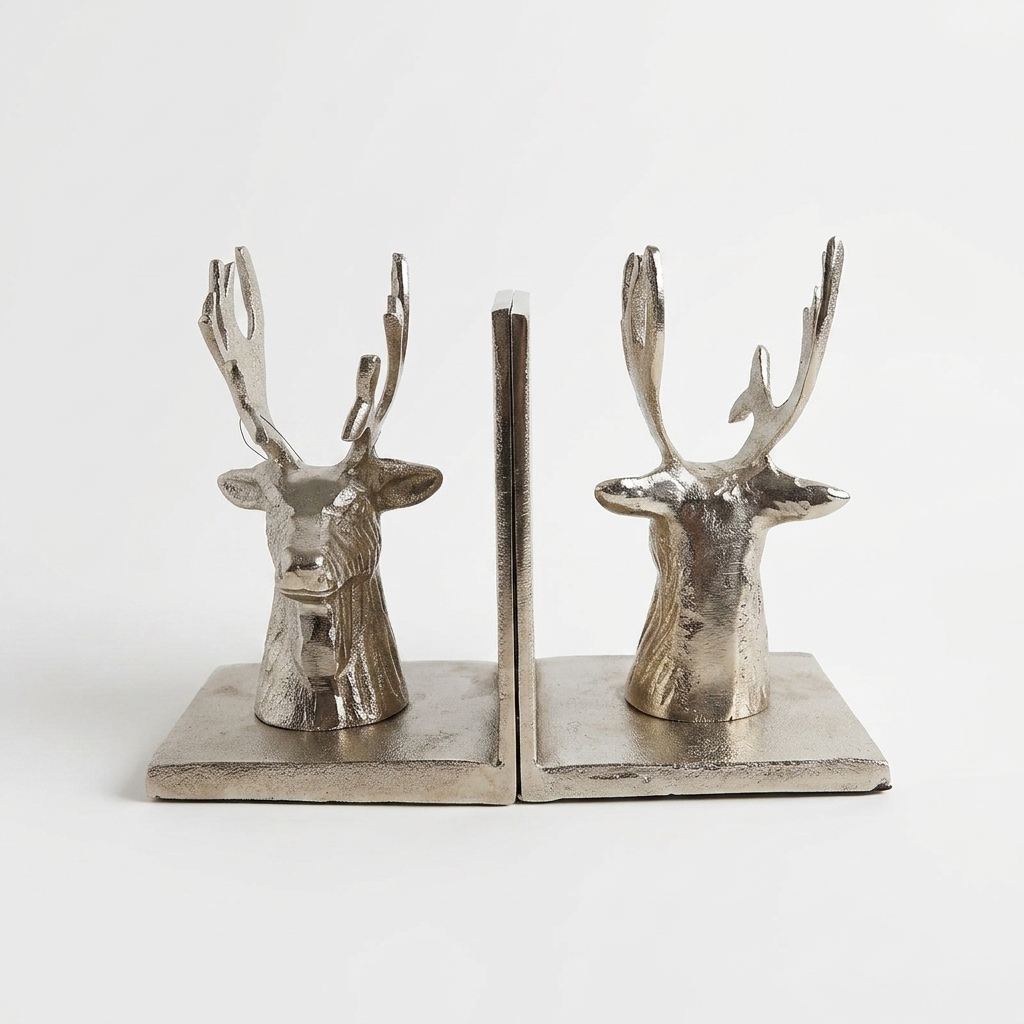 Decorative deer bookends set in antique silver finish on bookshelf